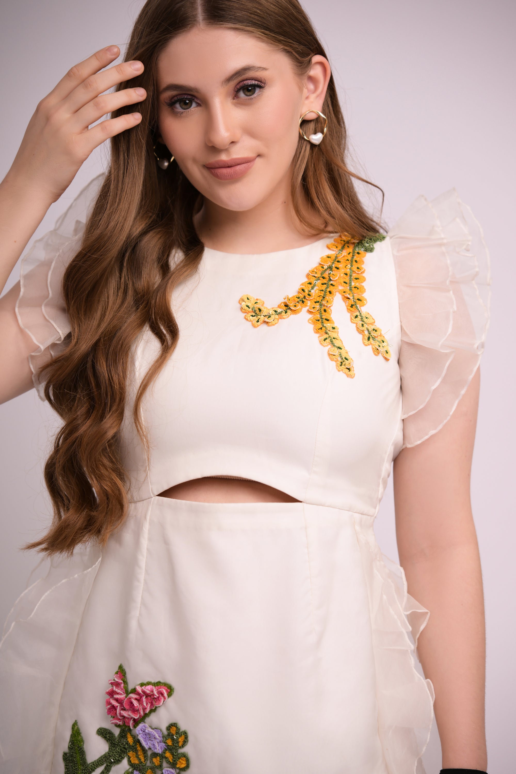 Golden Bloom Embroidered Mini Dress