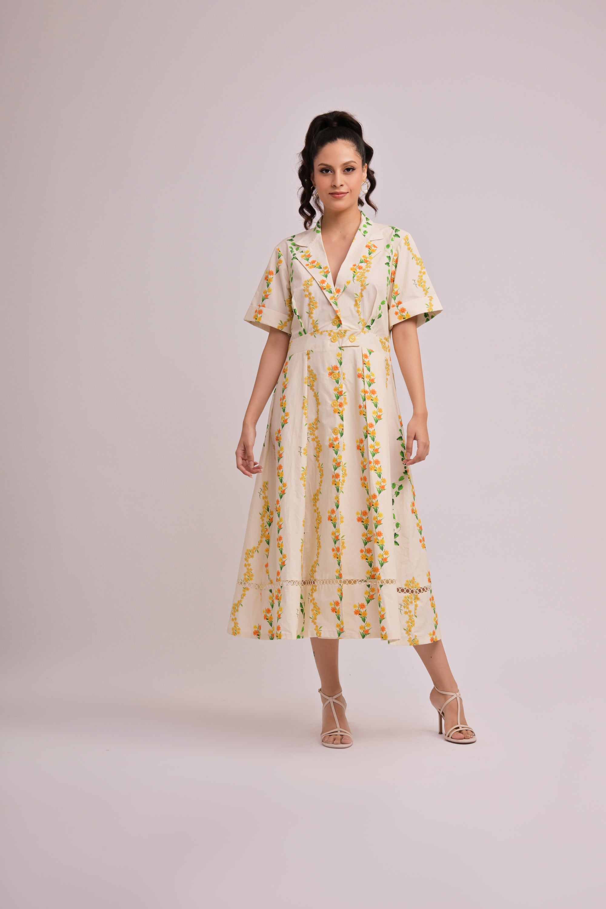 Citrus Bloom V-Neck Midi Dress