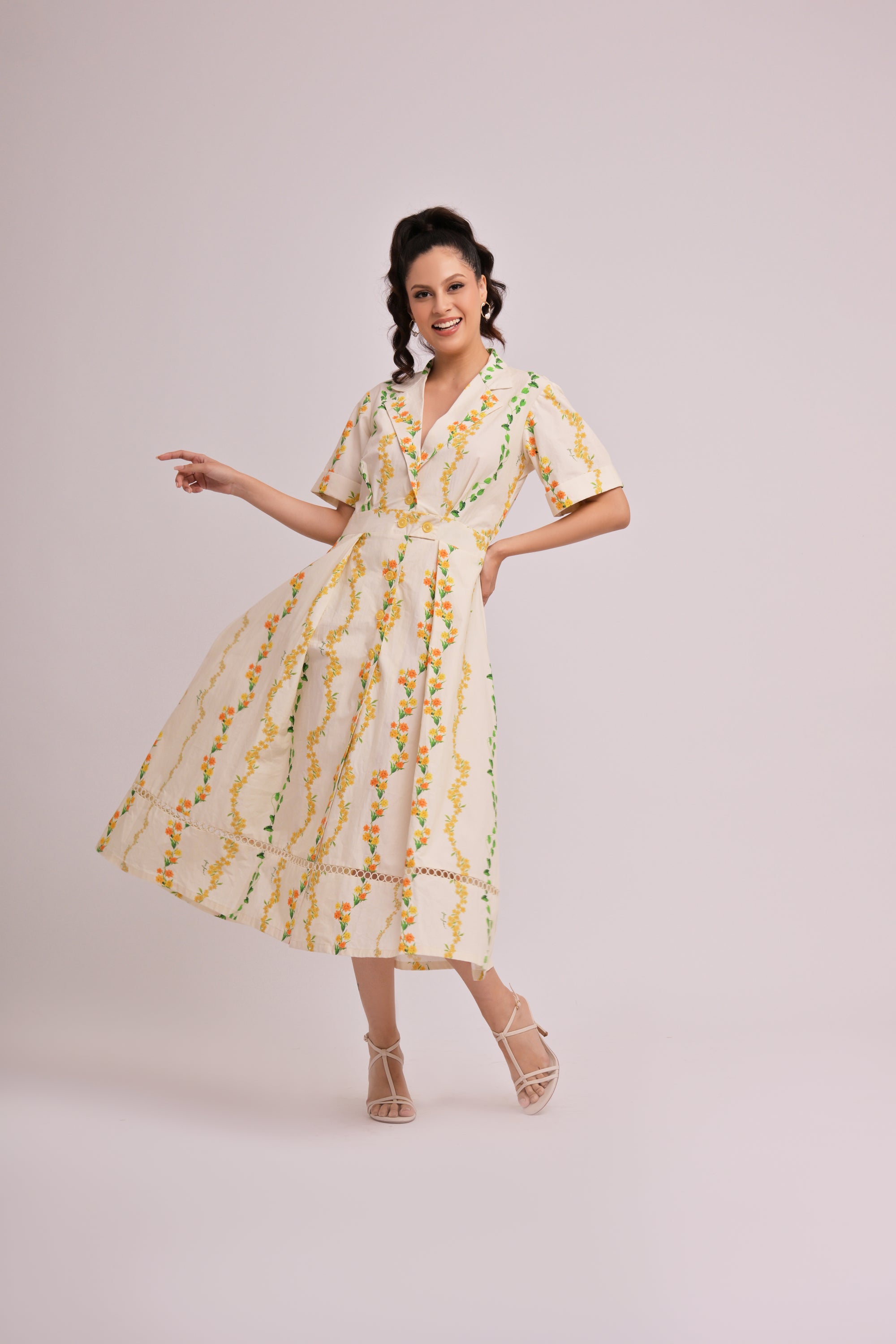 Citrus Bloom V-Neck Midi Dress