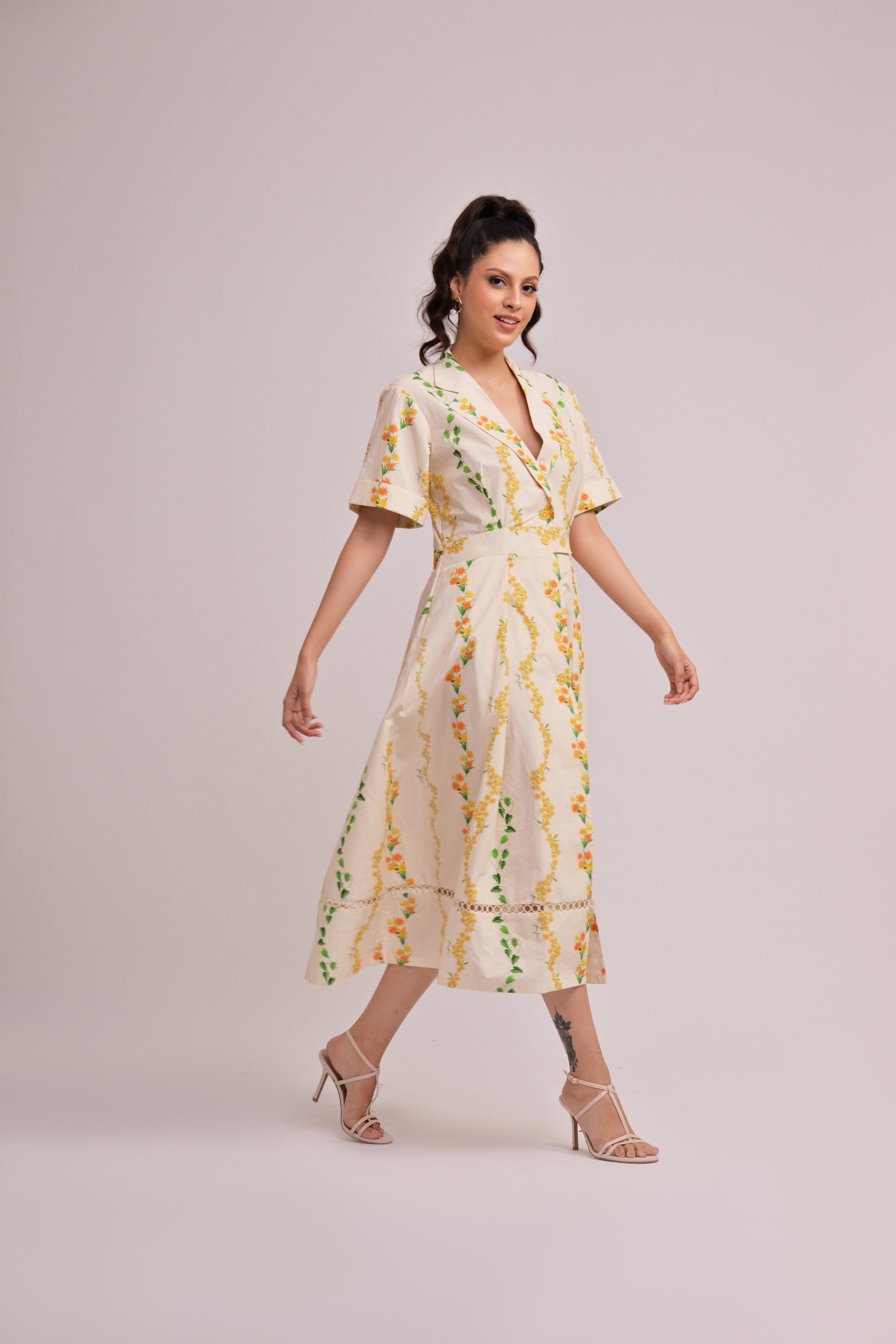 Citrus Bloom V-Neck Midi Dress