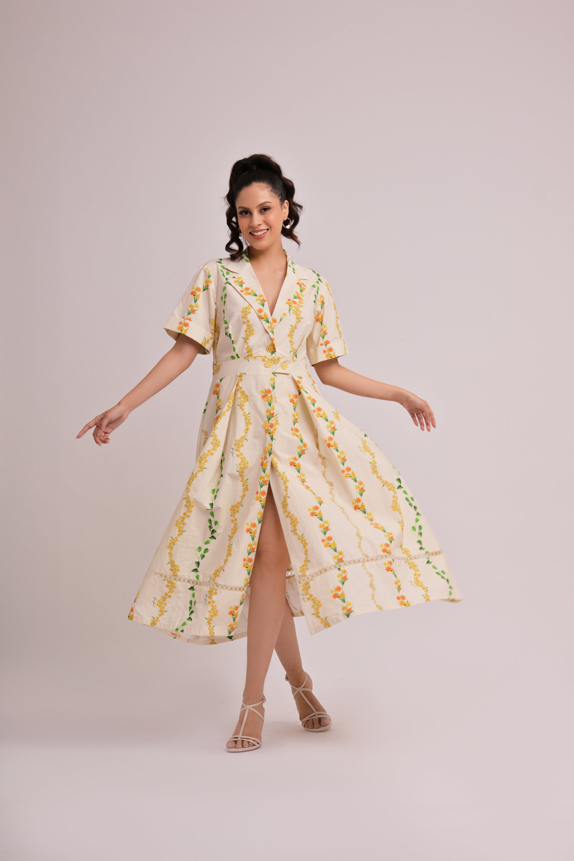 Citrus Bloom V-Neck Midi Dress