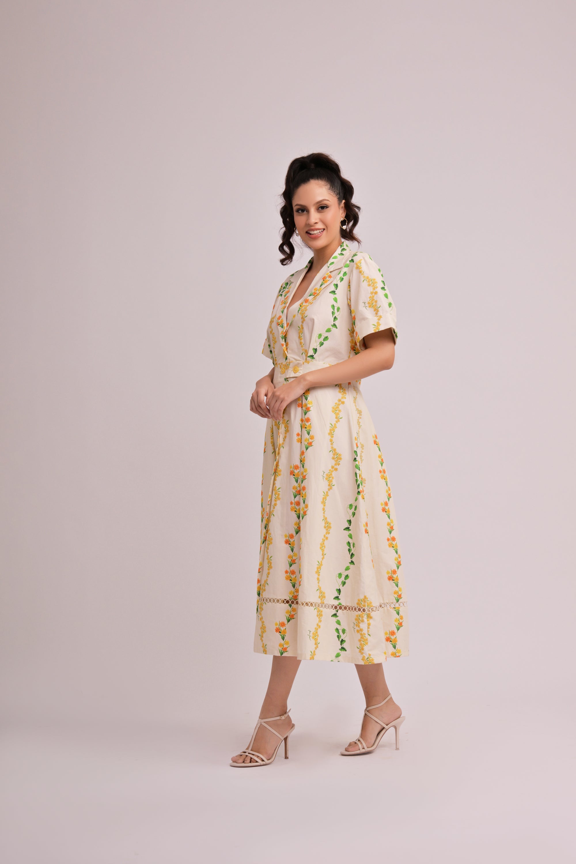 Citrus Bloom V-Neck Midi Dress