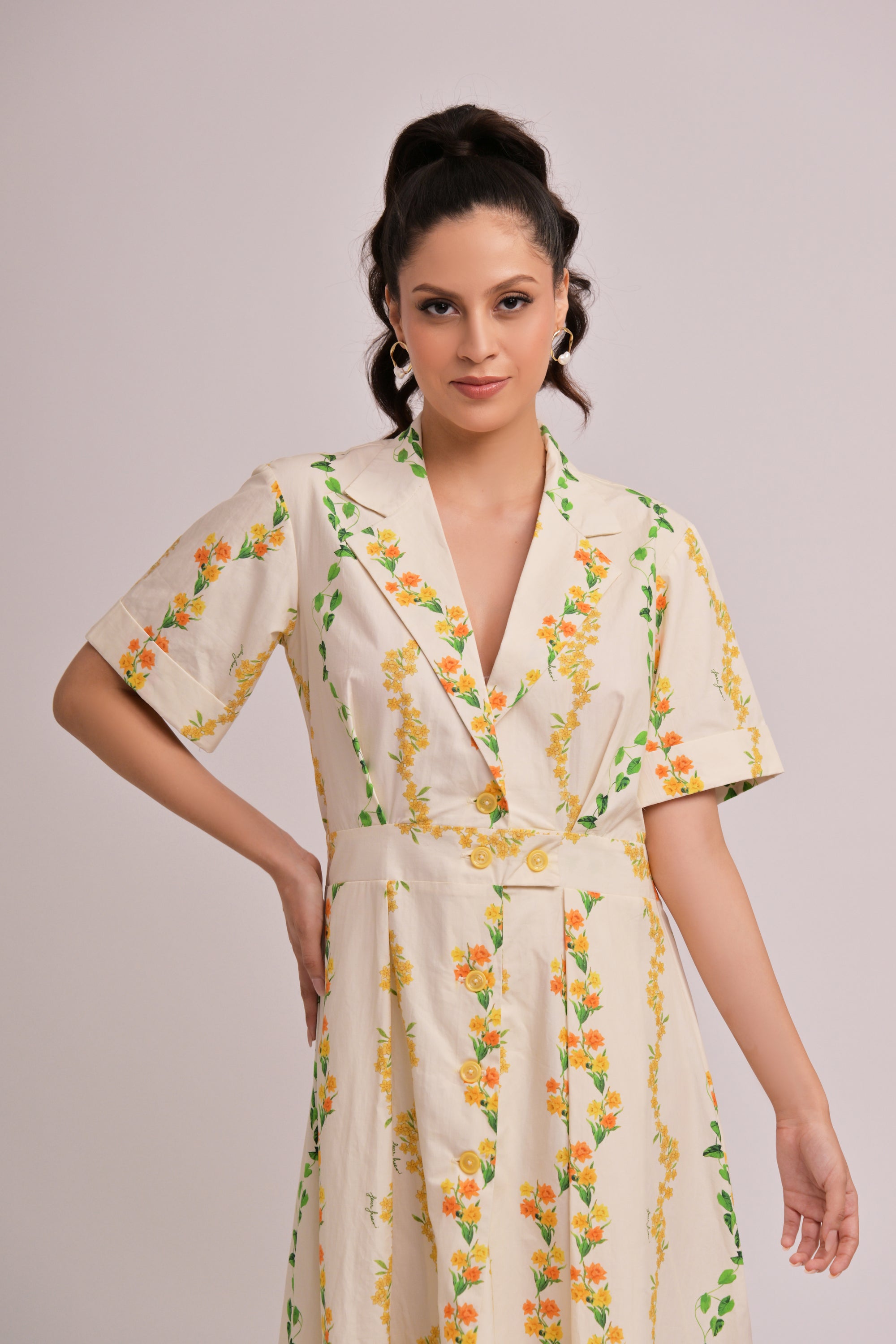 Citrus Bloom V-Neck Midi Dress