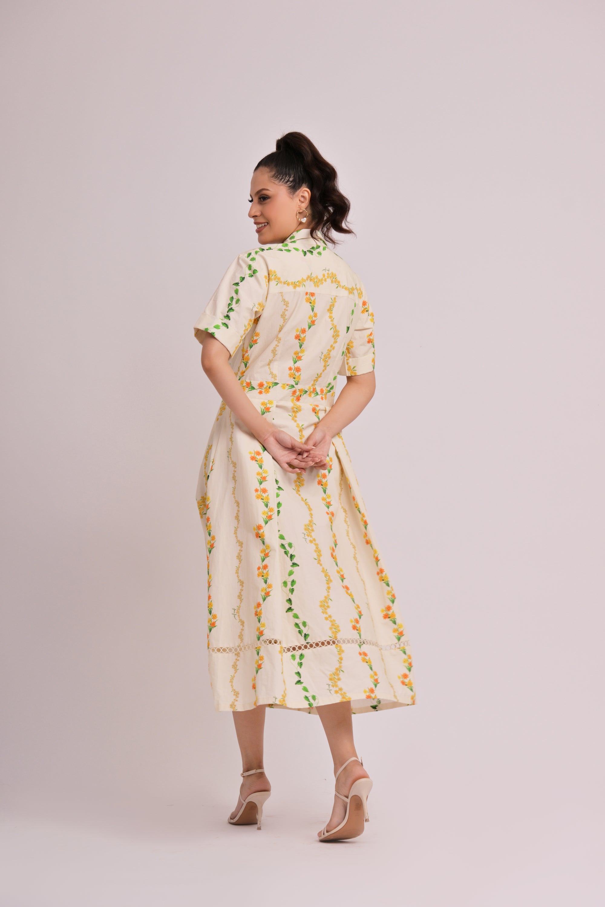 Citrus Bloom V-Neck Midi Dress