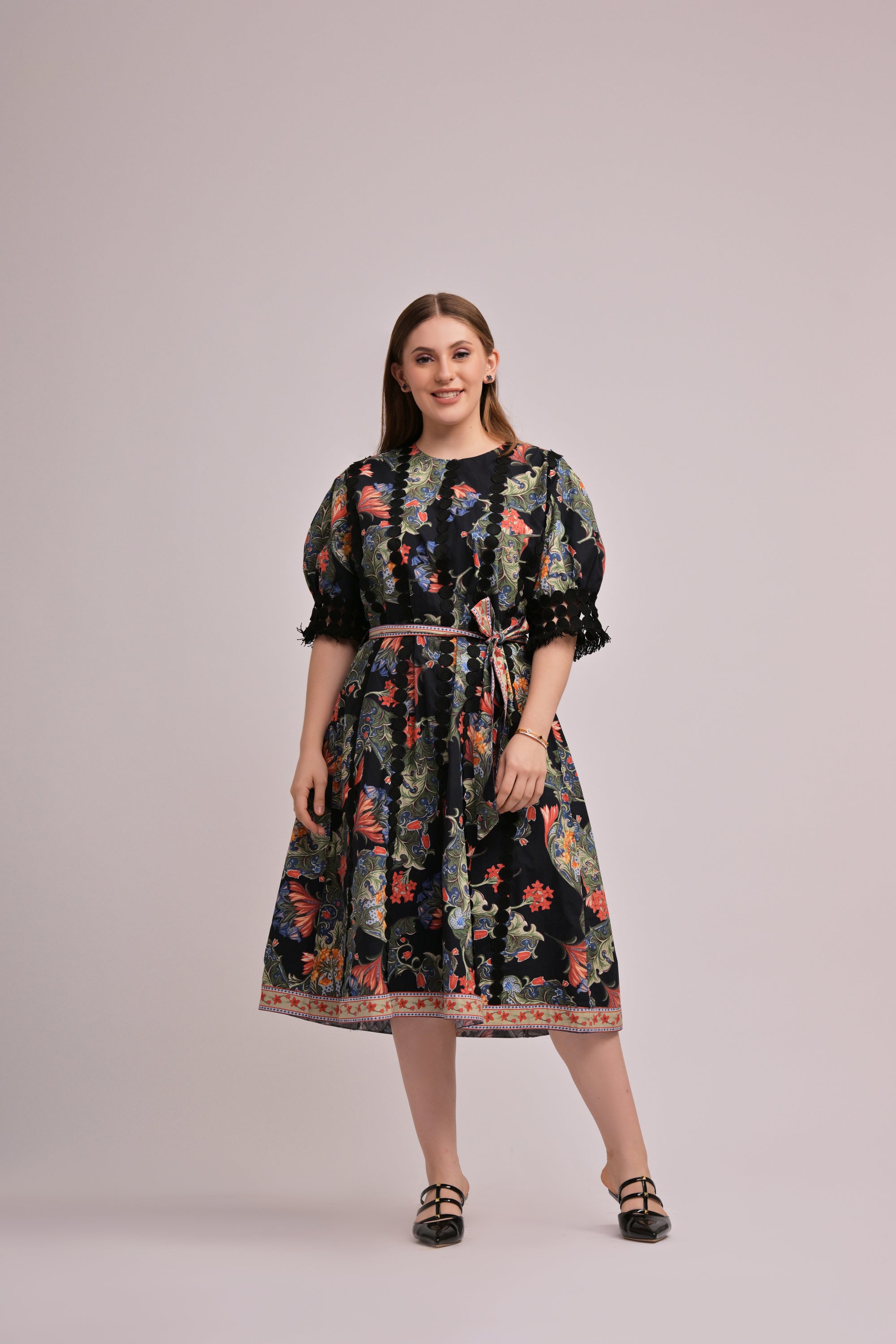 Black Cotton Paisley Belted Midi Dress