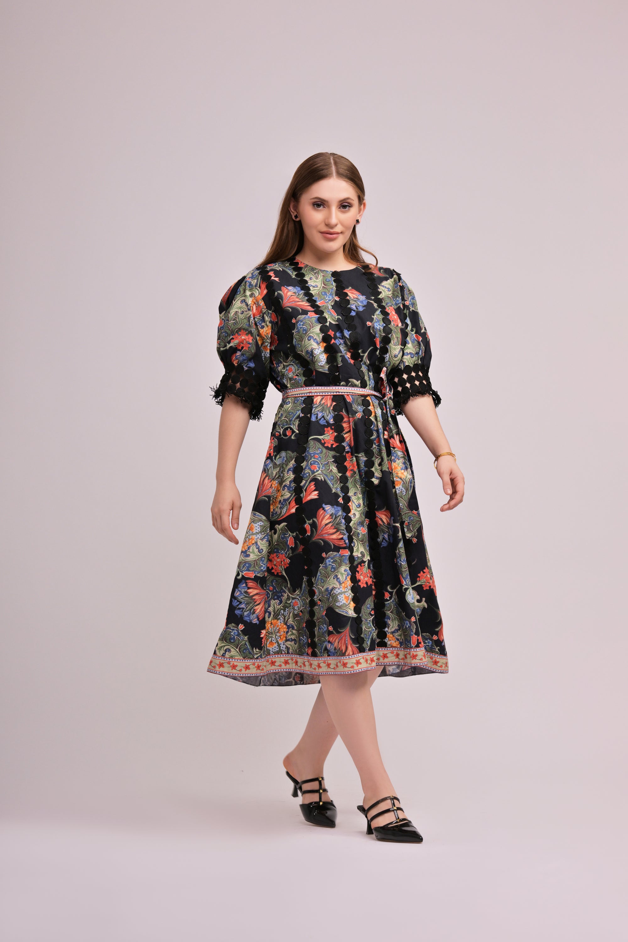 Black Cotton Paisley Belted Midi Dress