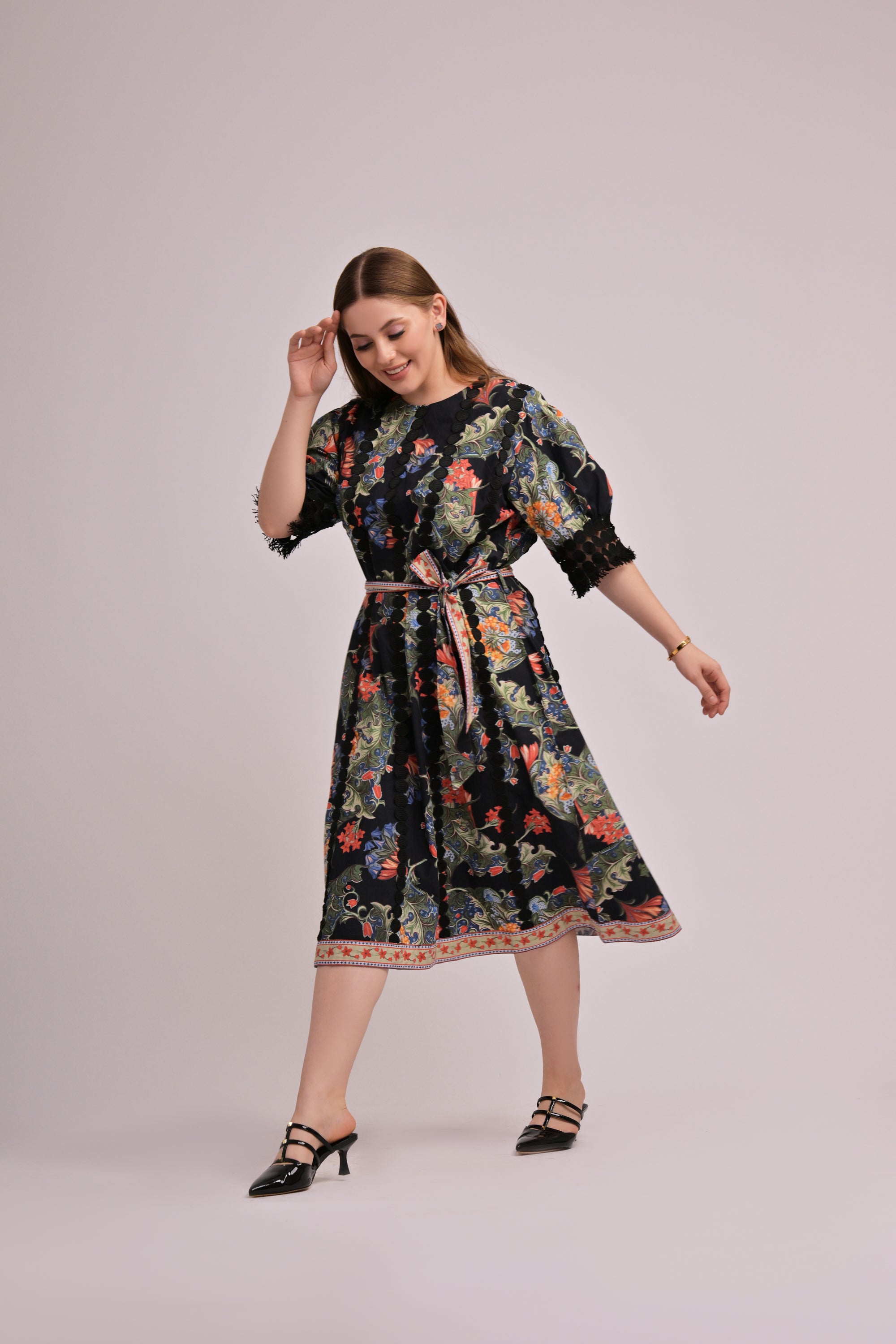 Black Cotton Paisley Belted Midi Dress