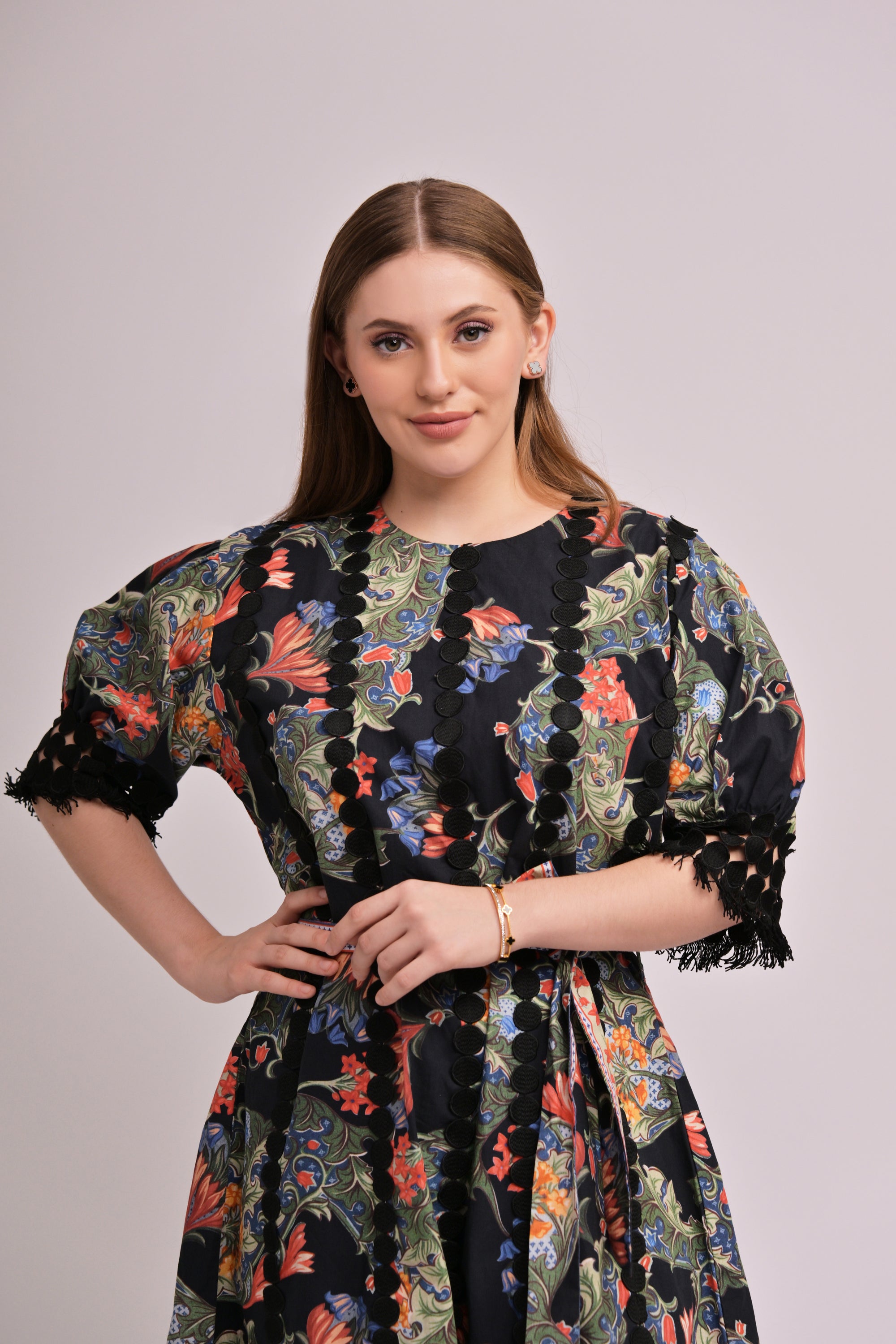 Black Cotton Paisley Belted Midi Dress