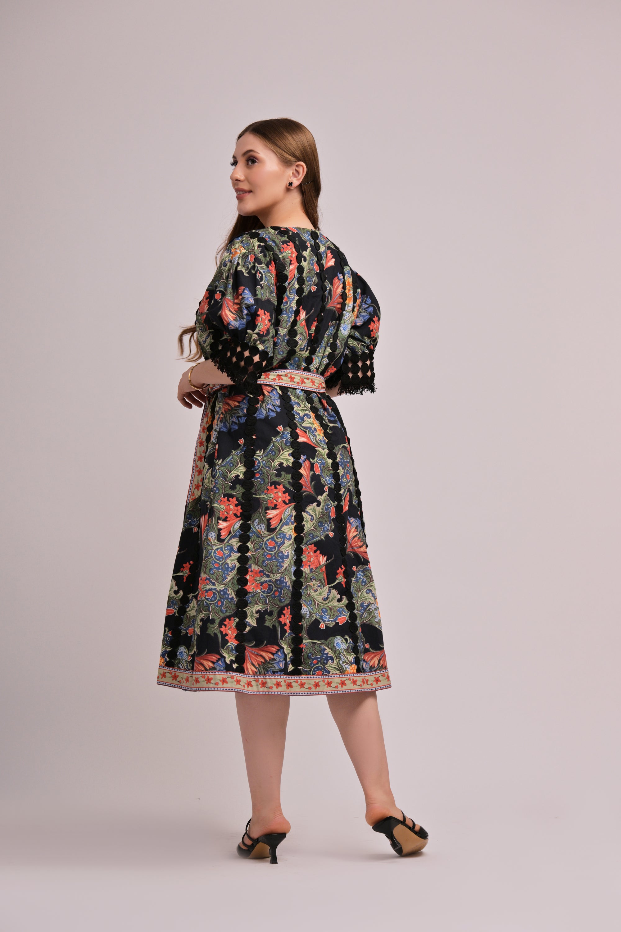 Black Cotton Paisley Belted Midi Dress