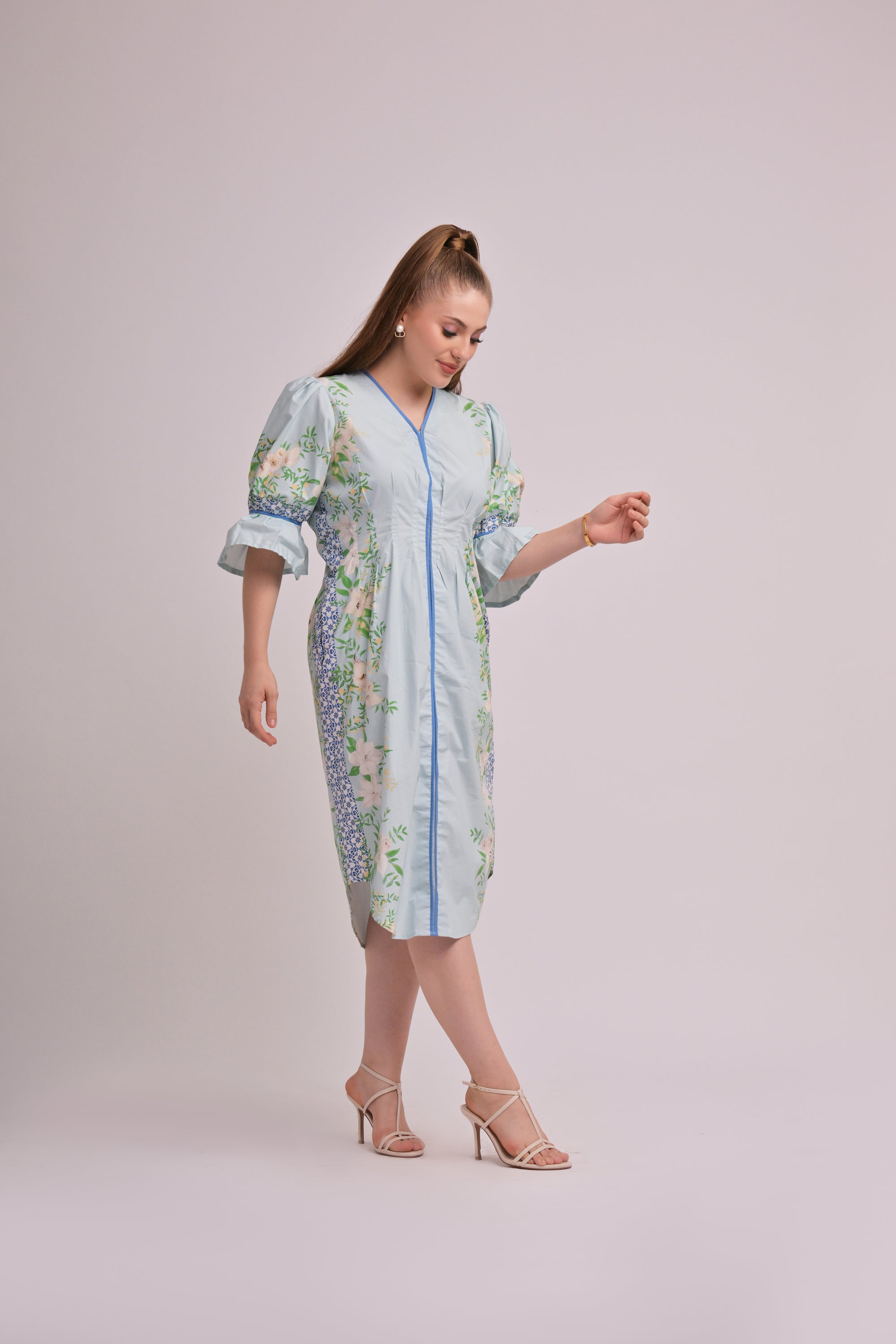 Serene Bloom V-Neck Midi Dress