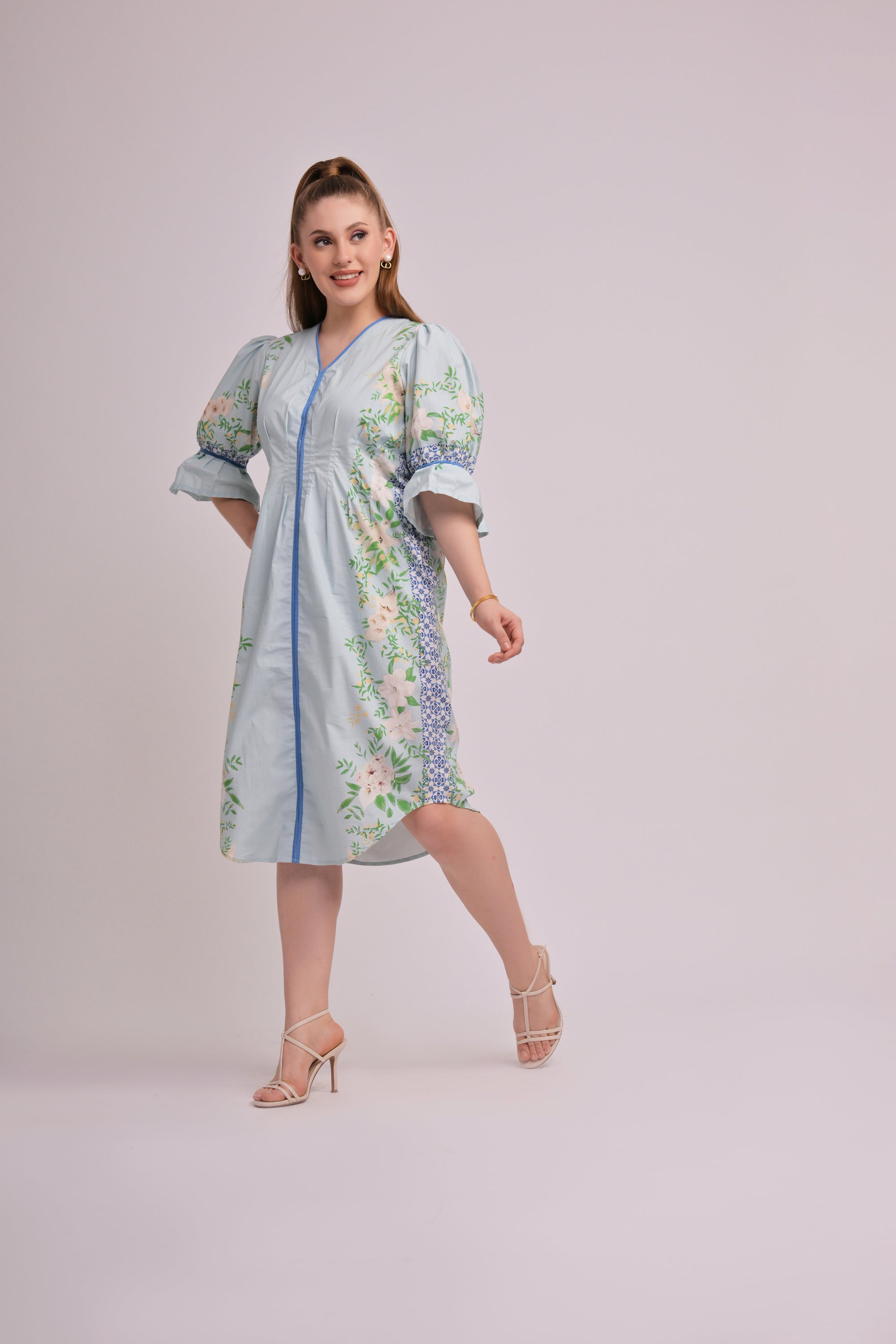 Serene Bloom V-Neck Midi Dress