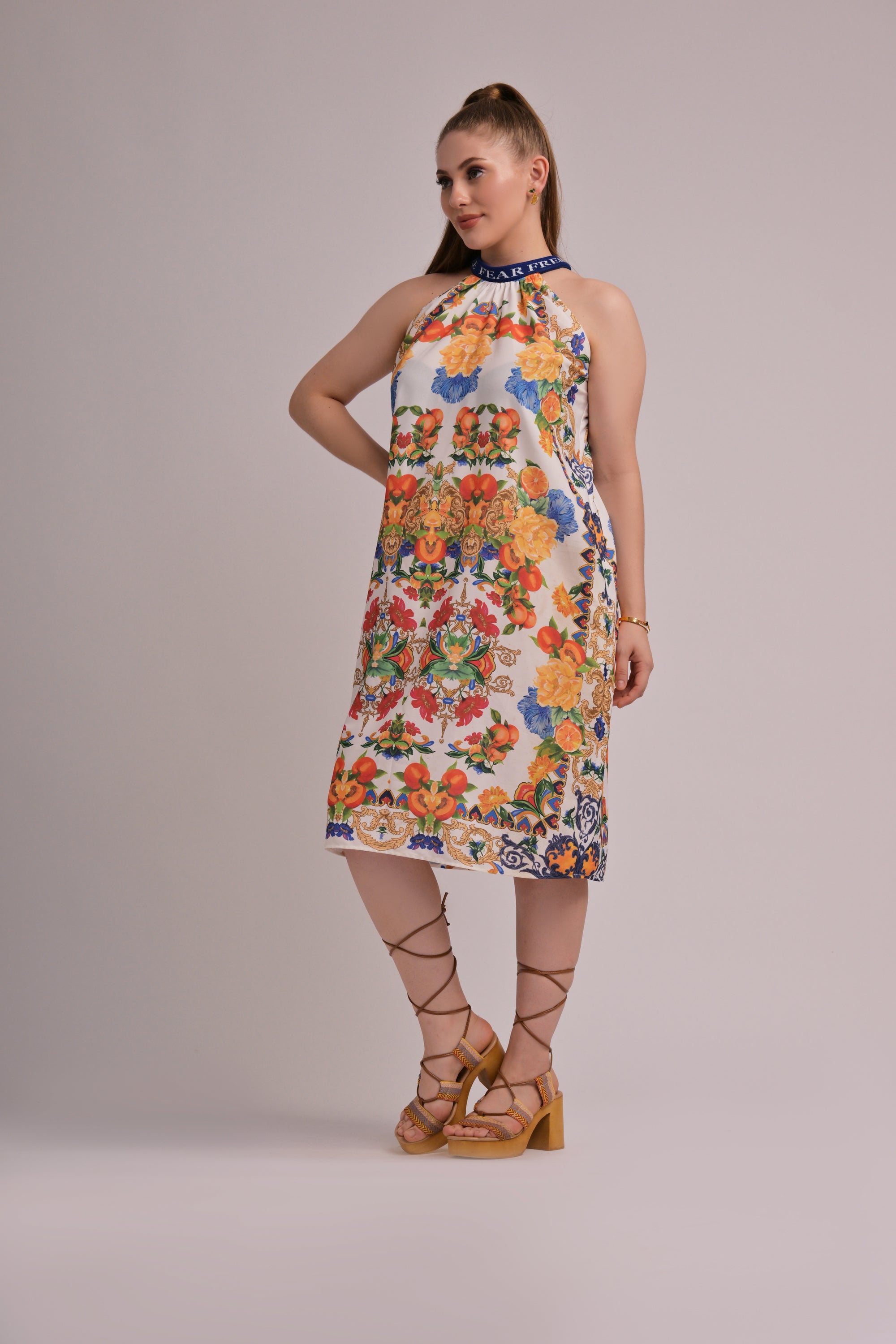 White Floral Print Halter Midi Dress