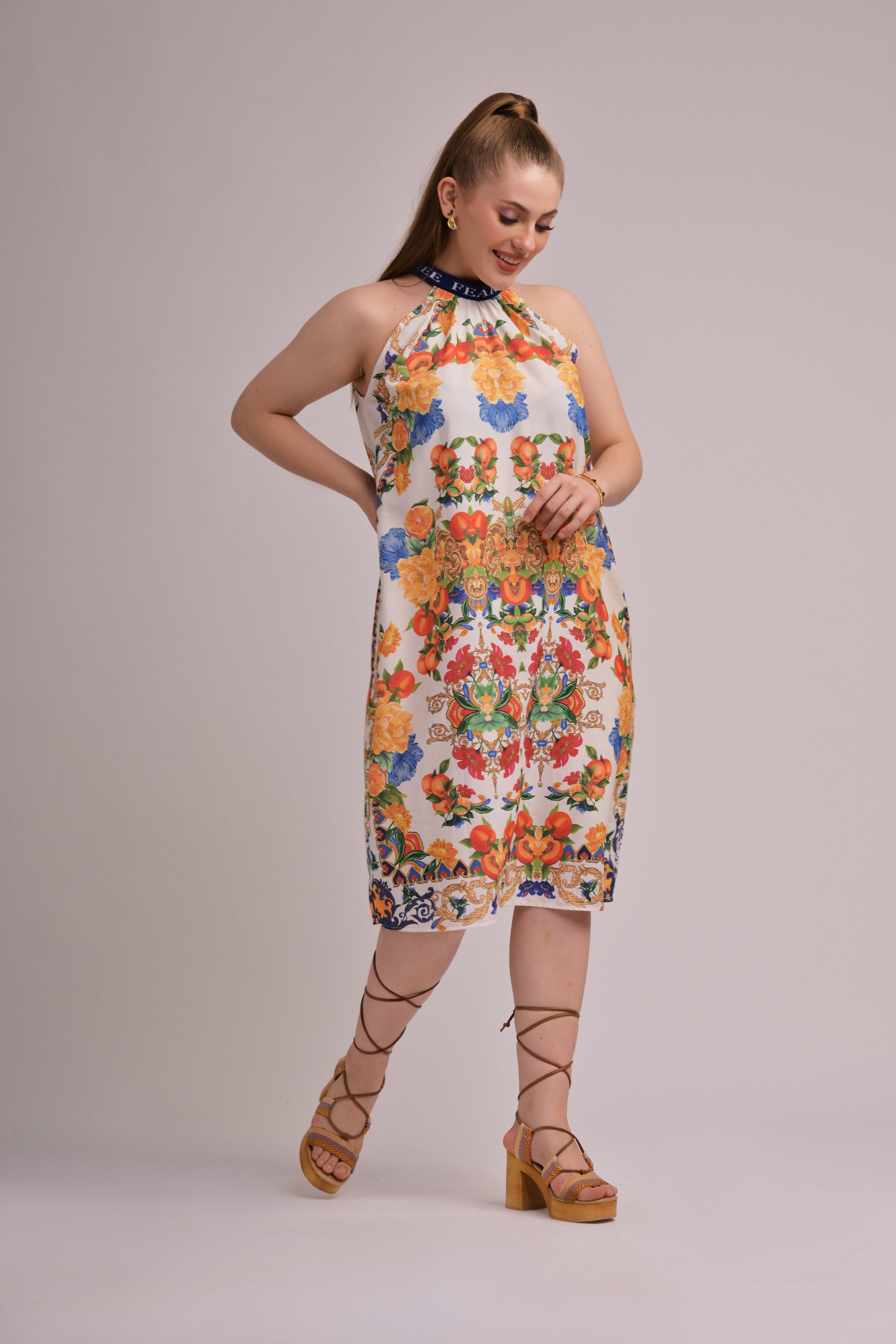 White Floral Print Halter Midi Dress