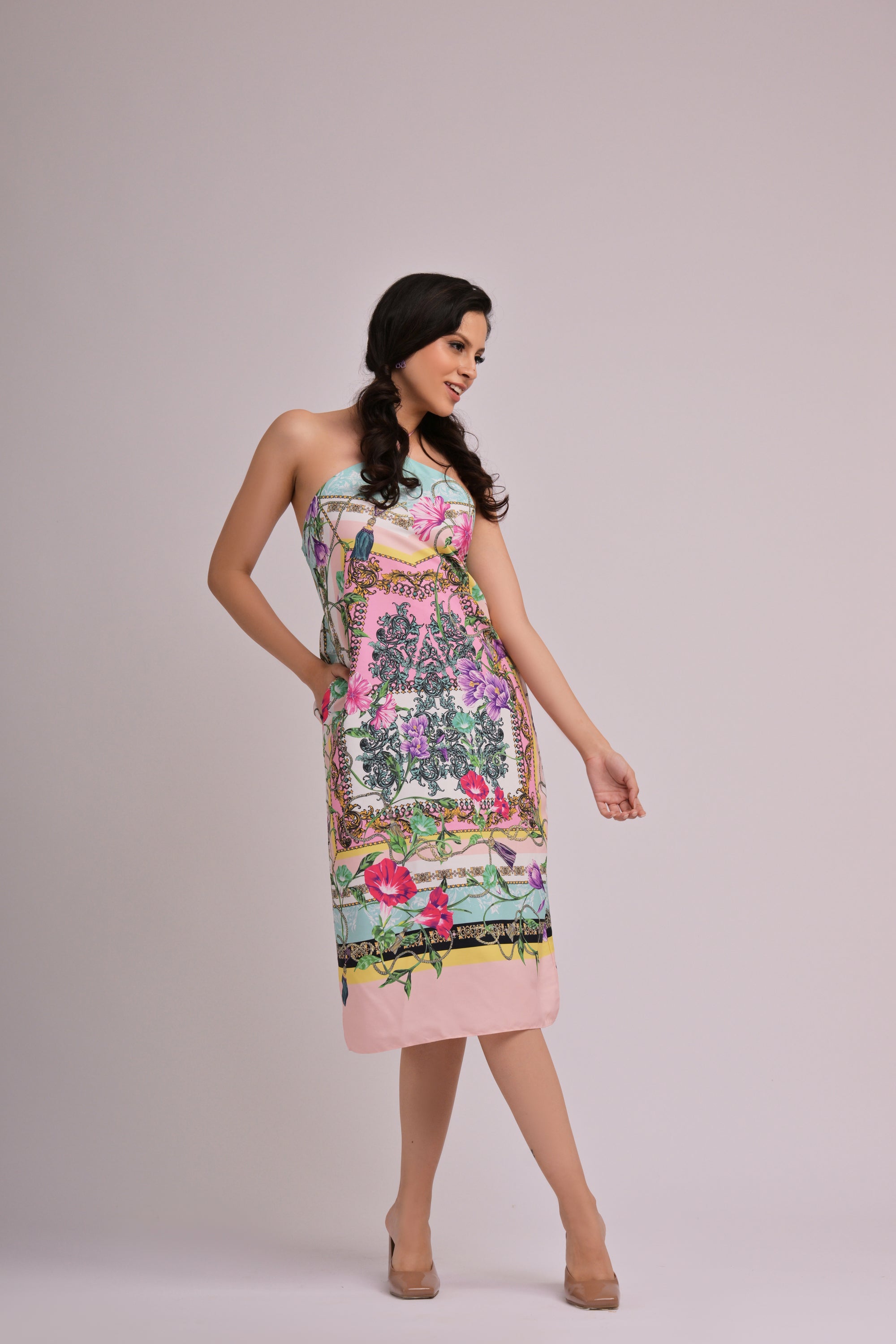 Pastel Floral Halter Neck Midi Dress