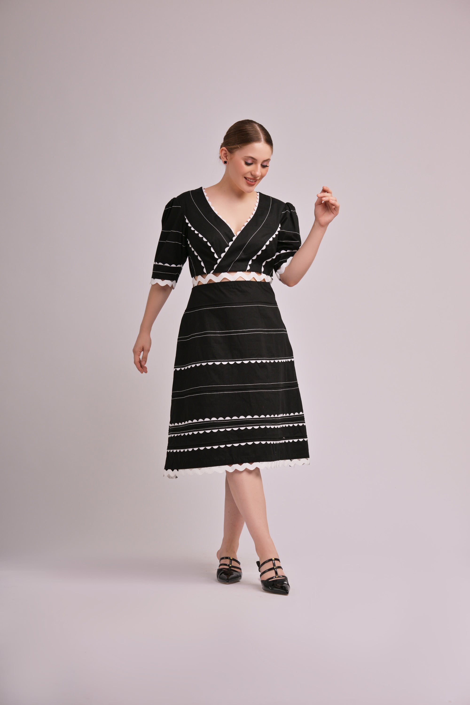 Midnight Stripes V-Neck Midi Dress