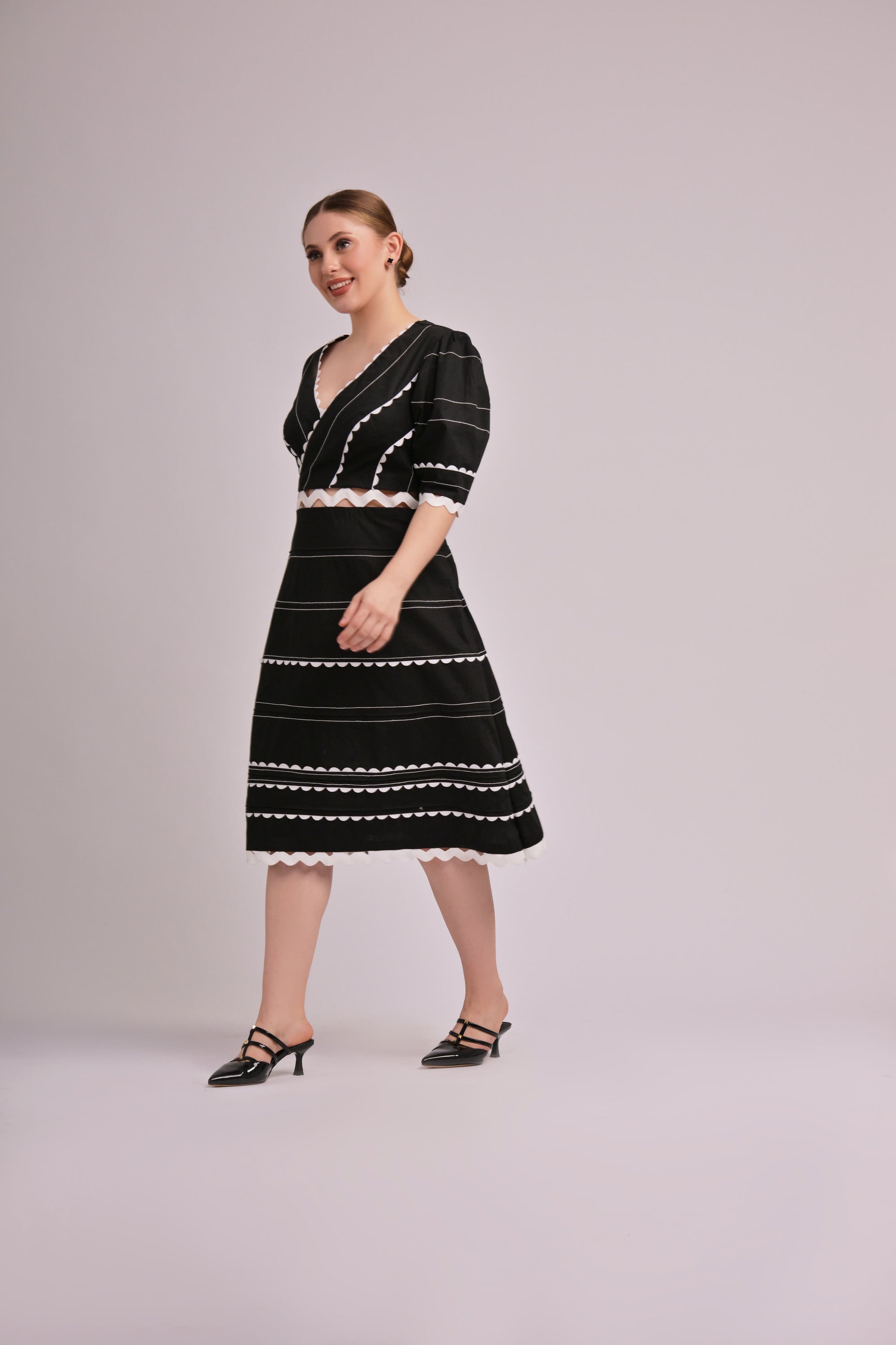 Midnight Stripes V-Neck Midi Dress
