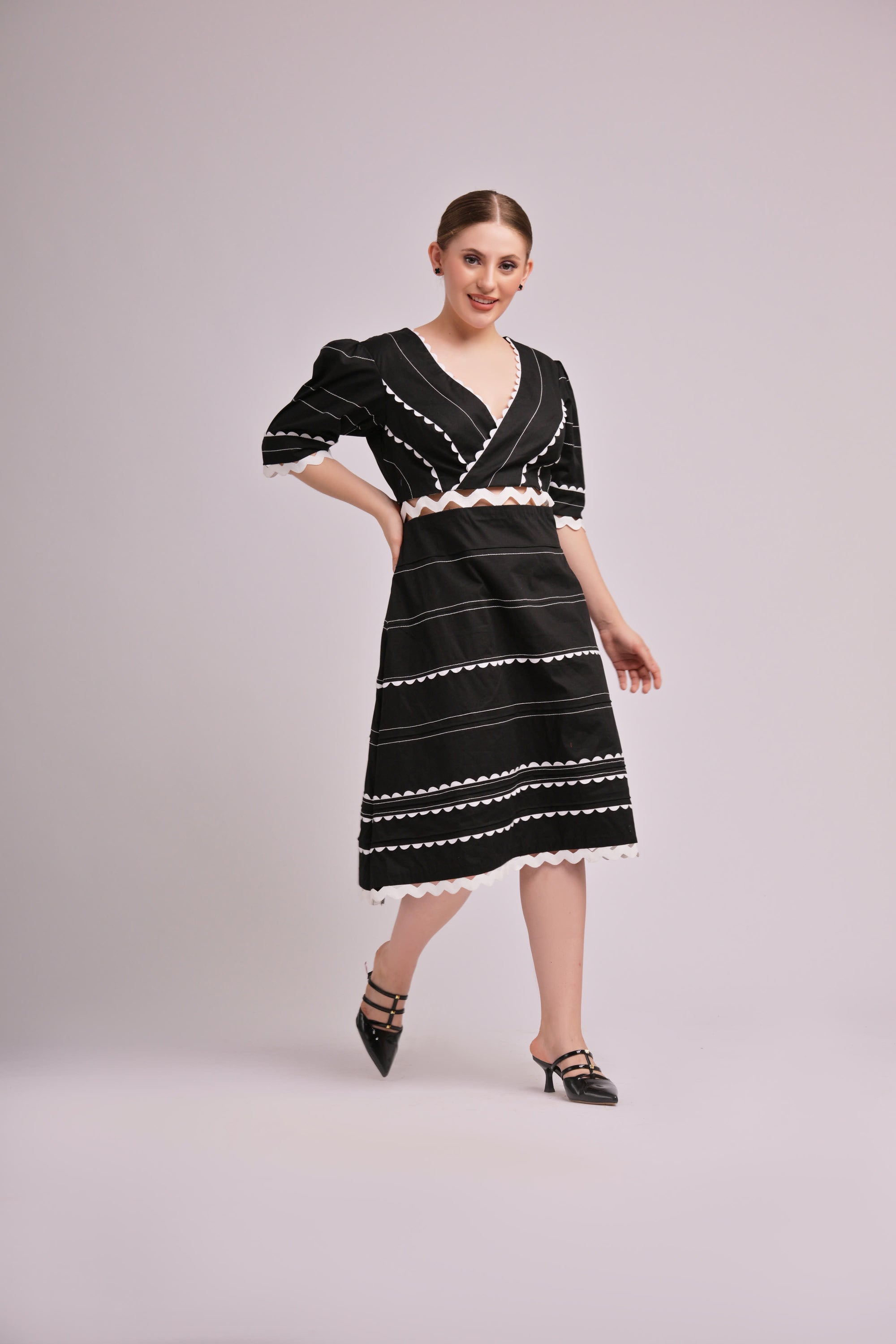 Midnight Stripes V-Neck Midi Dress