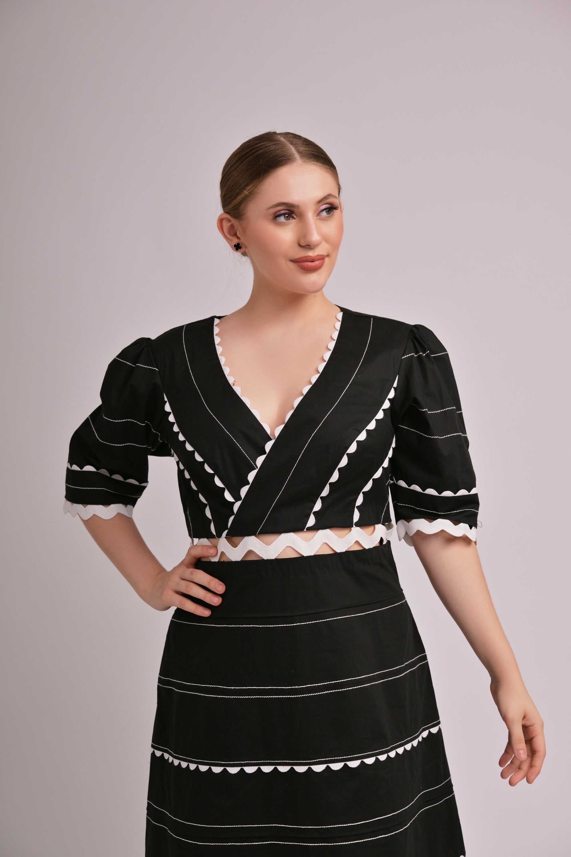 Midnight Stripes V-Neck Midi Dress