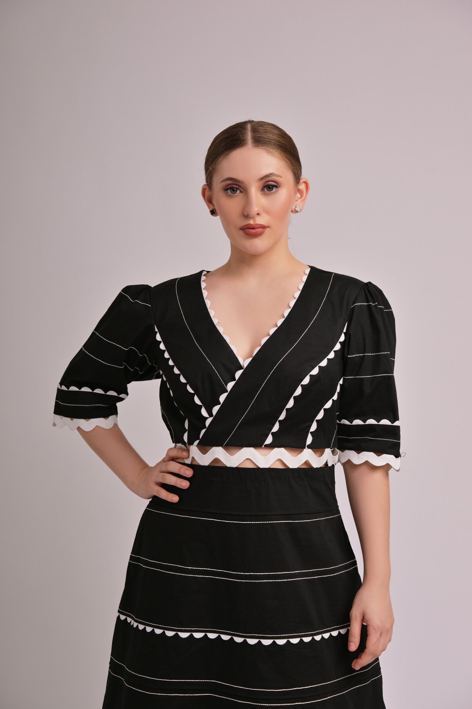 Midnight Stripes V-Neck Midi Dress