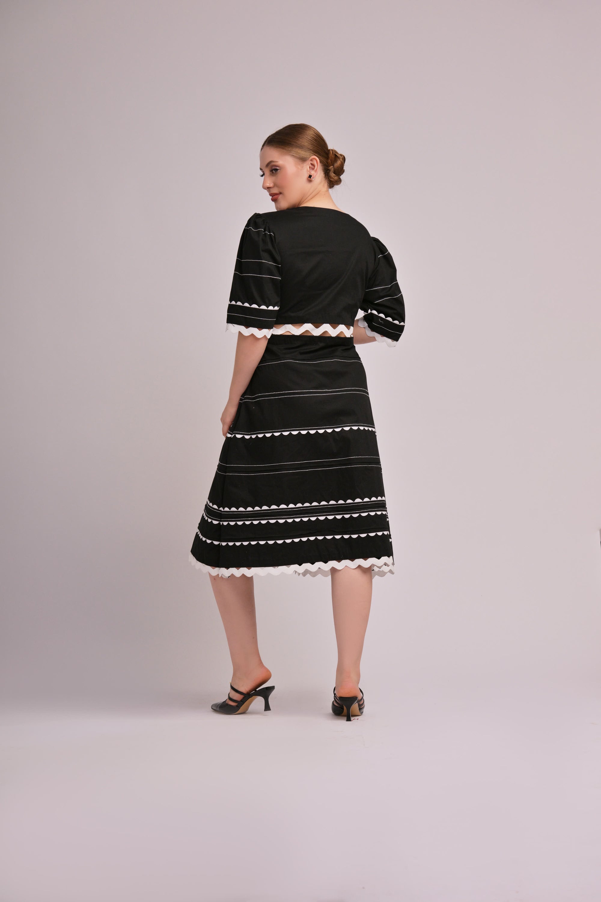Midnight Stripes V-Neck Midi Dress