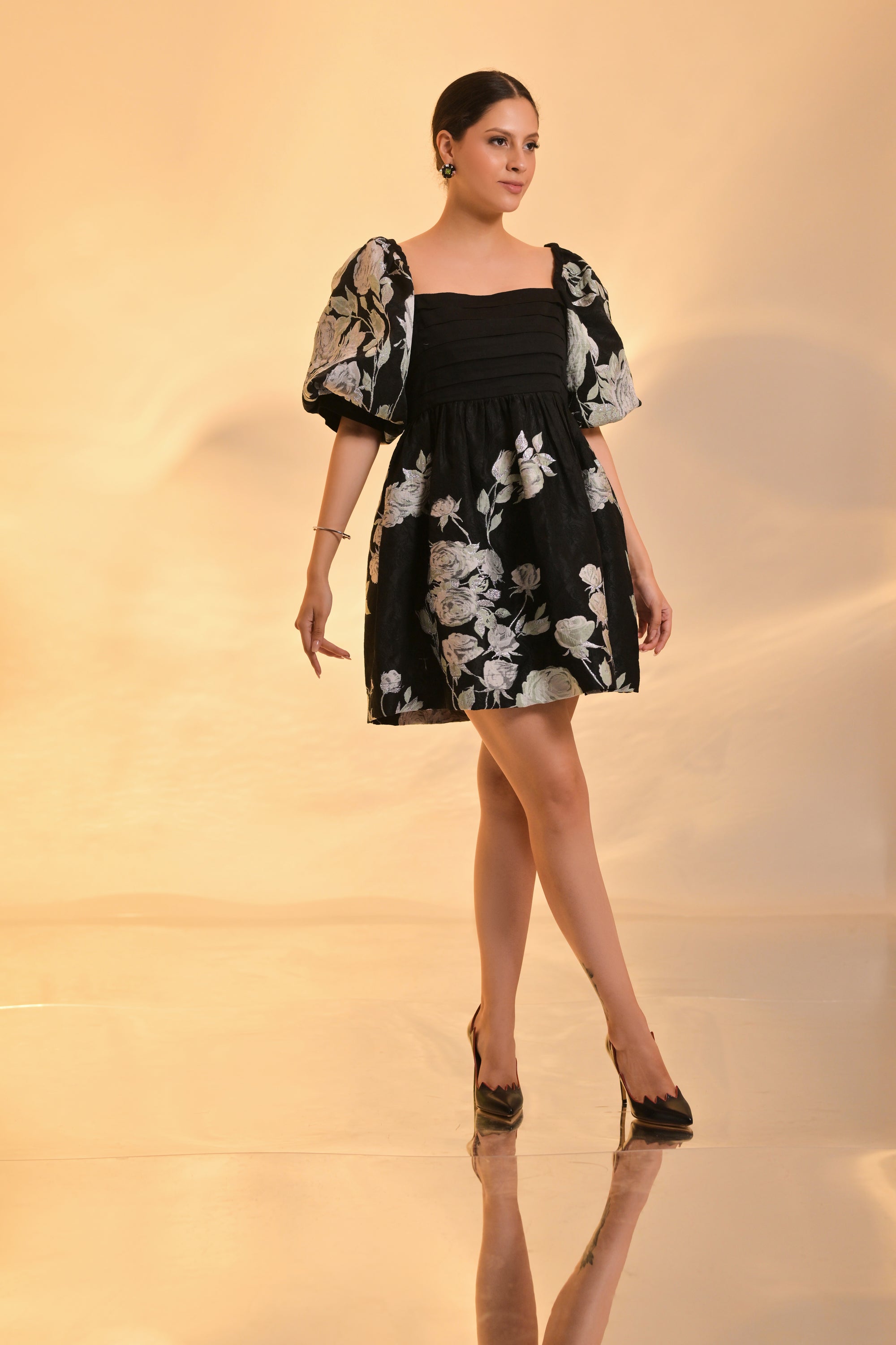 Black Formal Mini Dress with Silver Embroidered Floral Details
