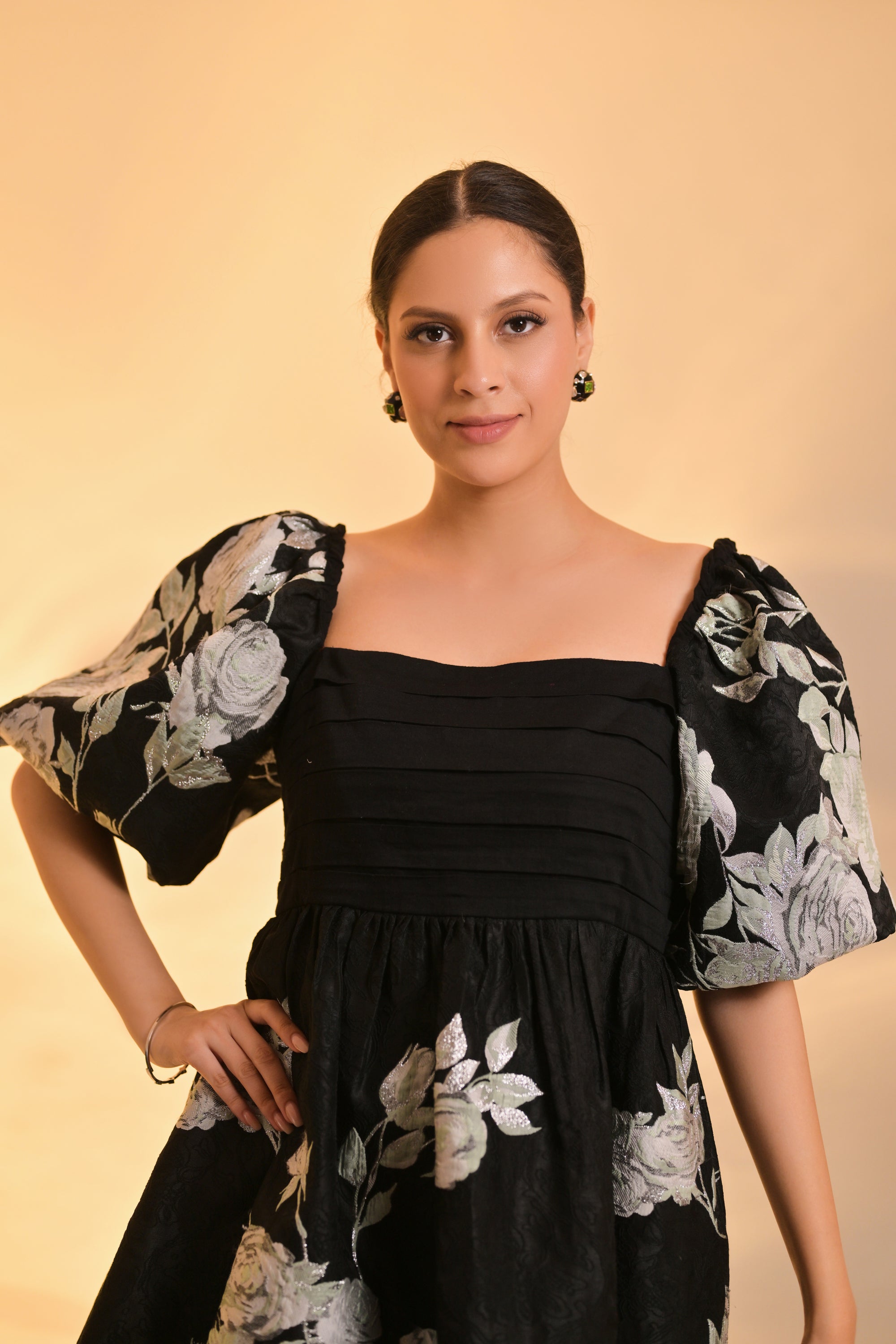 Black Formal Mini Dress with Silver Embroidered Floral Details