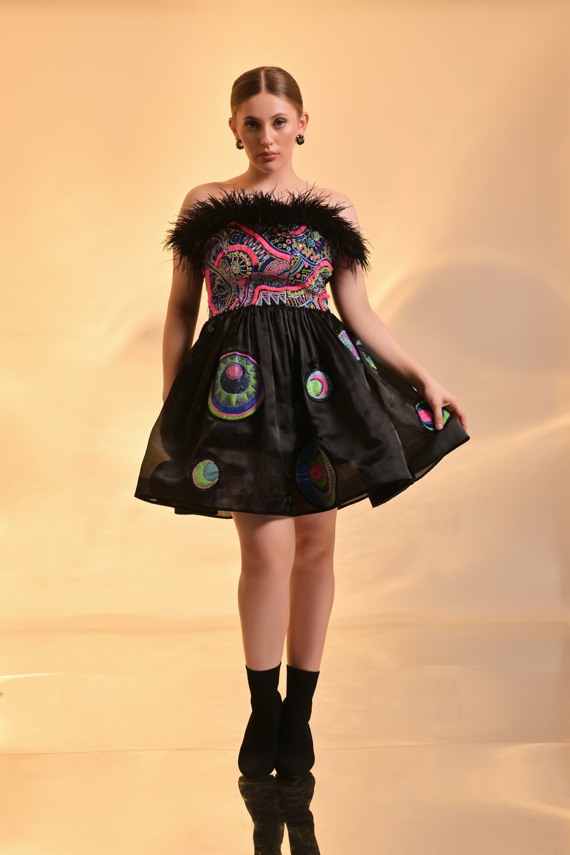 Black Strapless Feather Mini Dress with Vibrant Embroidered Details