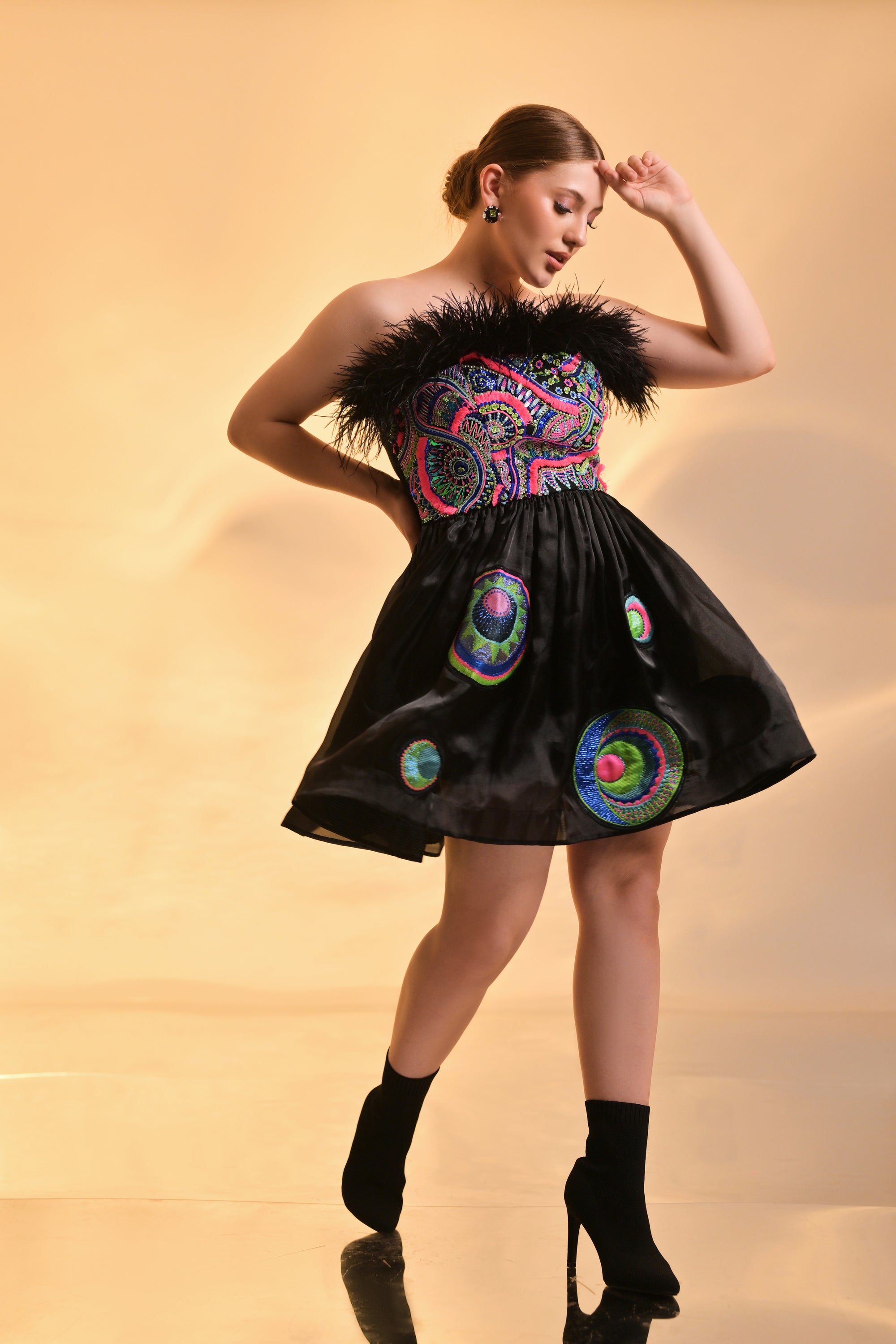 Black Strapless Feather Mini Dress with Vibrant Embroidered Details