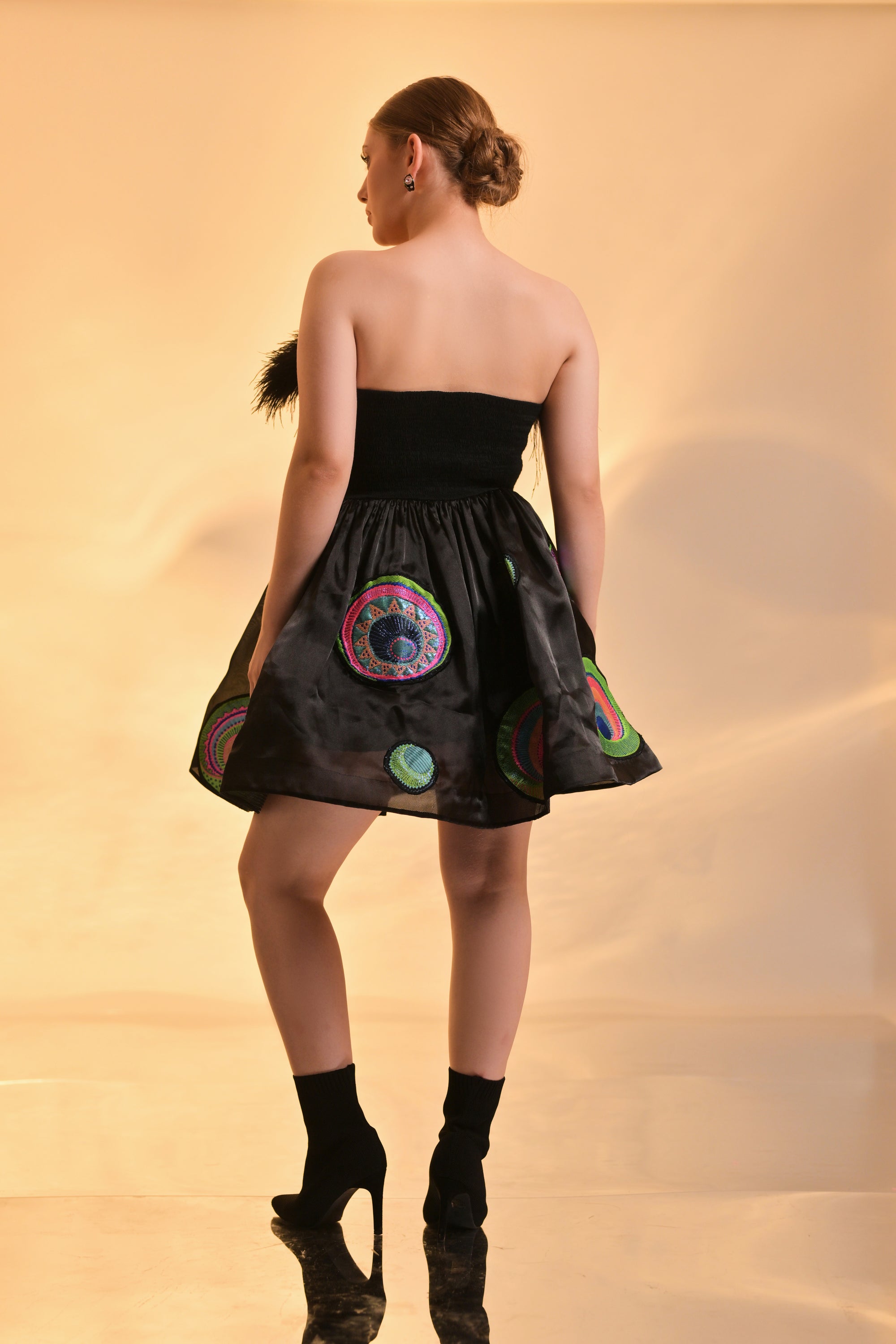 Black Strapless Feather Mini Dress with Vibrant Embroidered Details