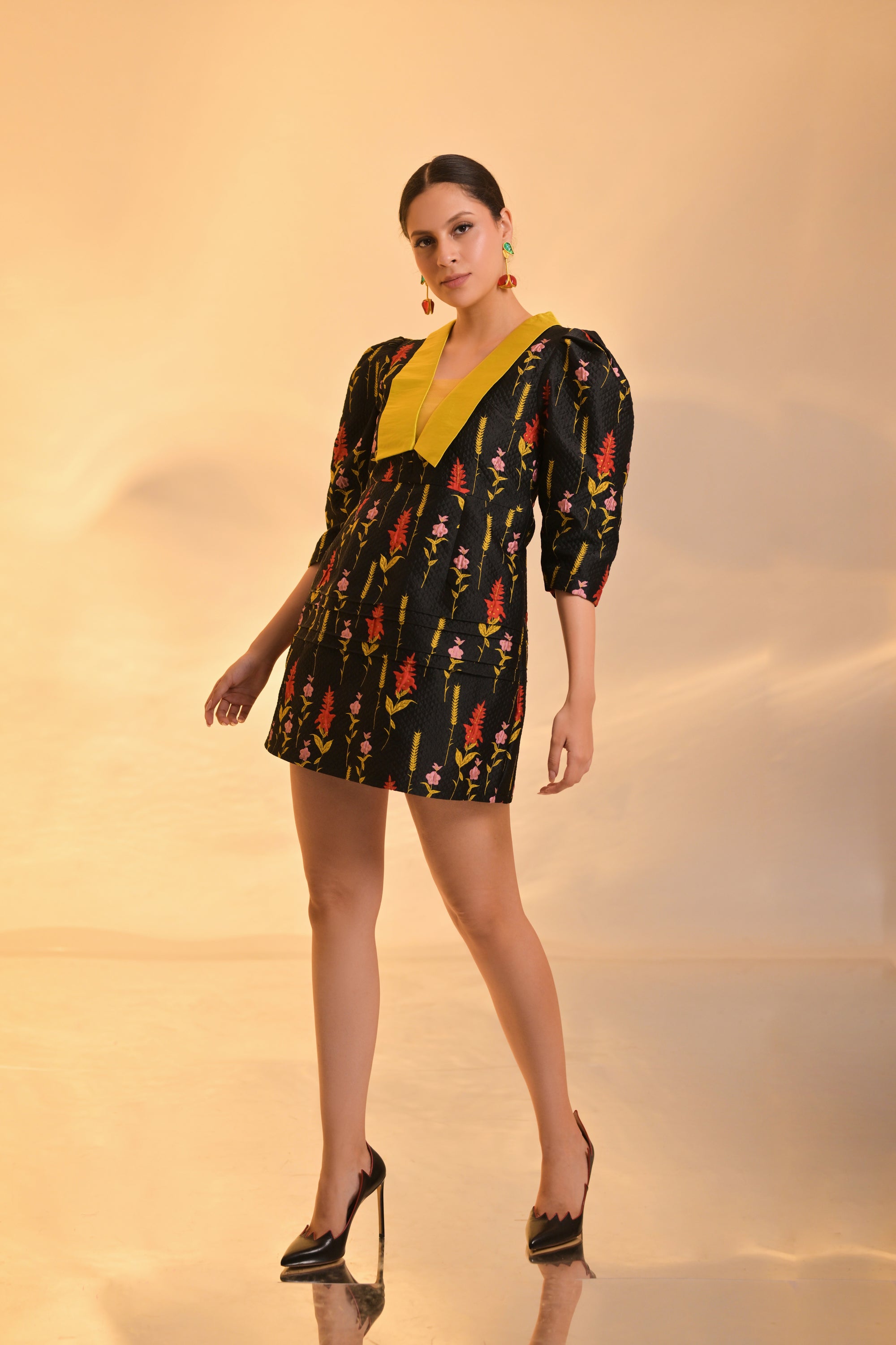 Black Textured Mini Dress with Floral Embroidery and Yellow Lapel