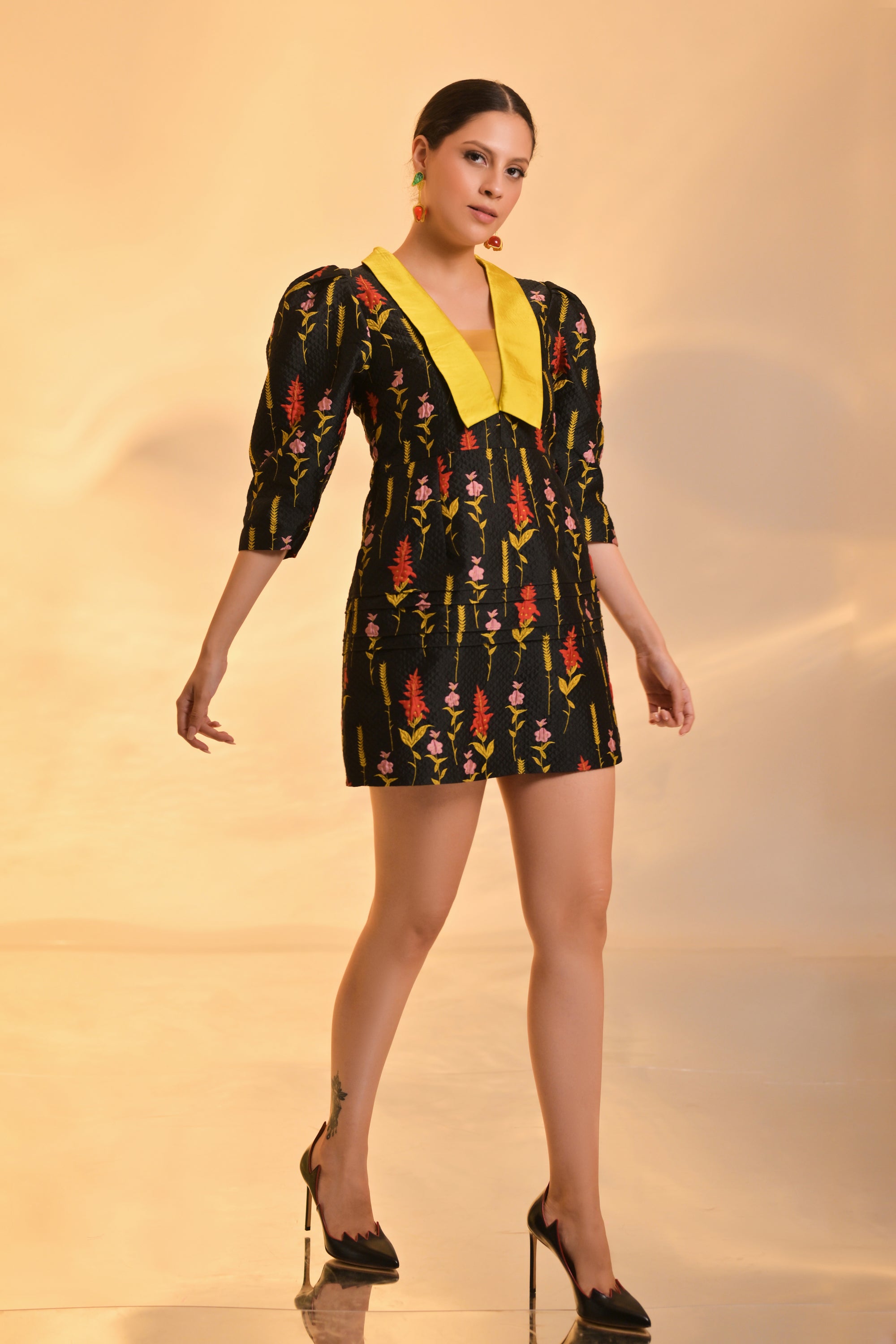 Black Textured Mini Dress with Floral Embroidery and Yellow Lapel