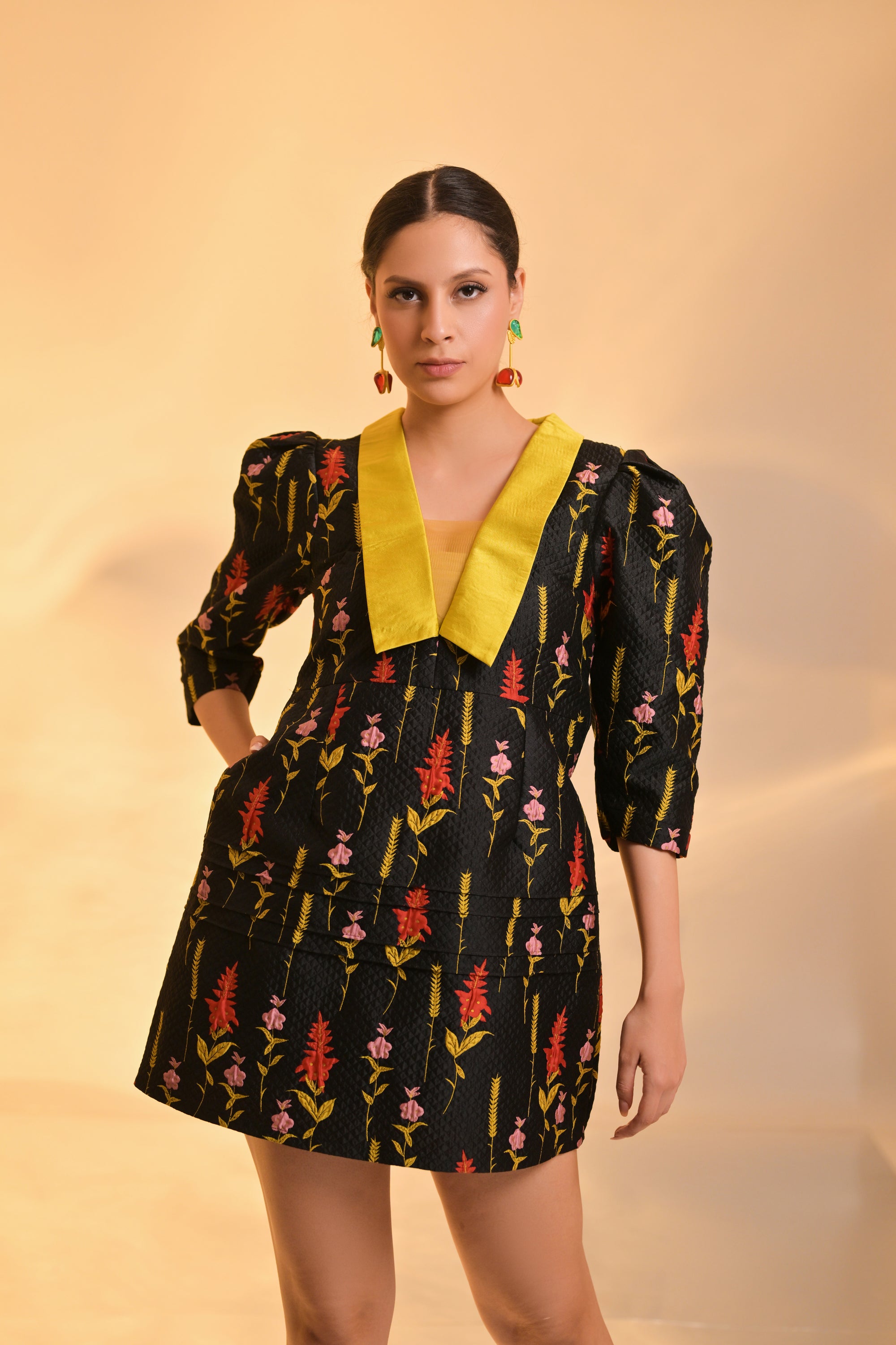 Black Textured Mini Dress with Floral Embroidery and Yellow Lapel
