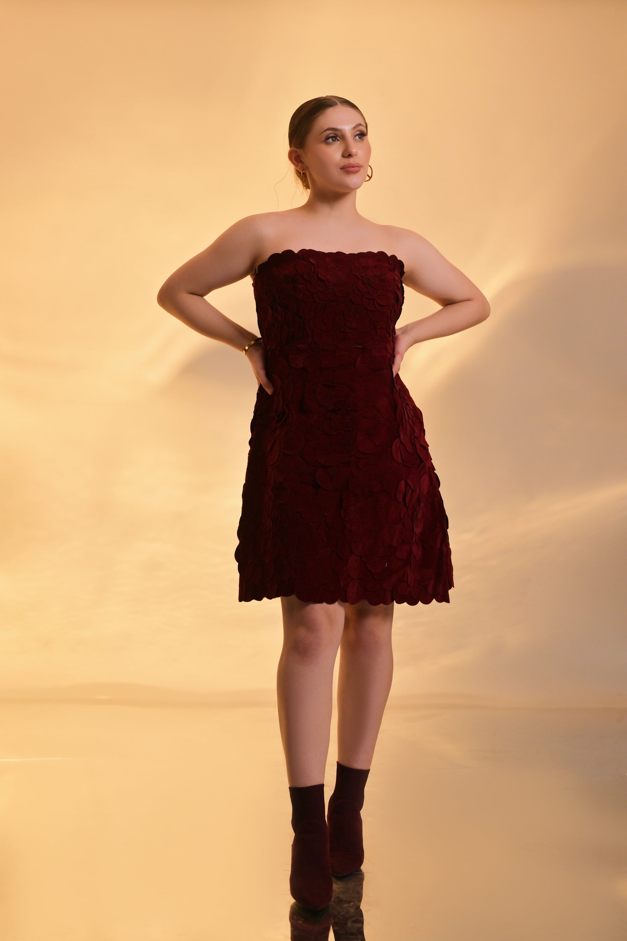 Velvet Bloom Couture Deep Red Sleeveless Dress