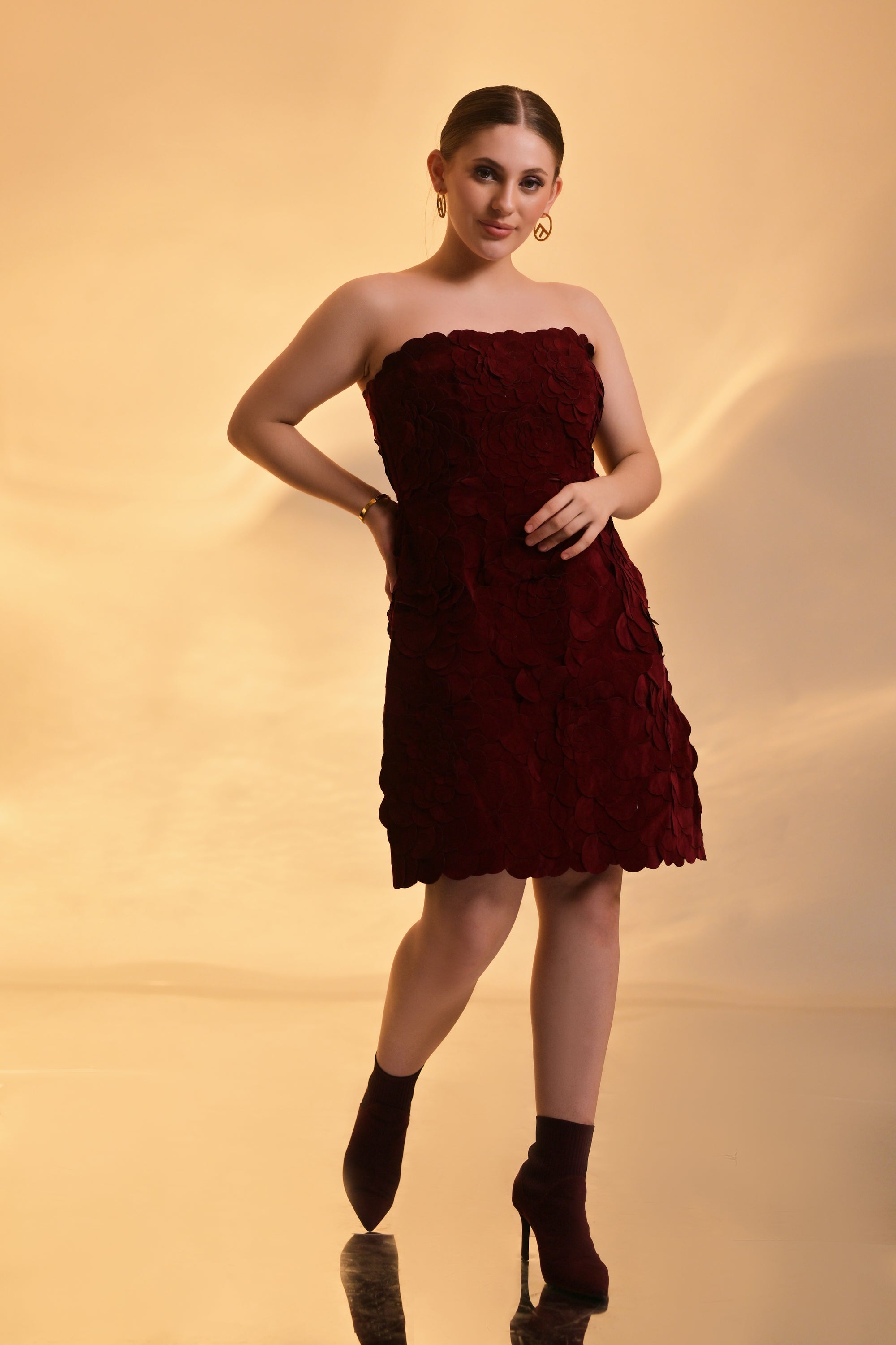 Velvet Bloom Couture Deep Red Sleeveless Dress